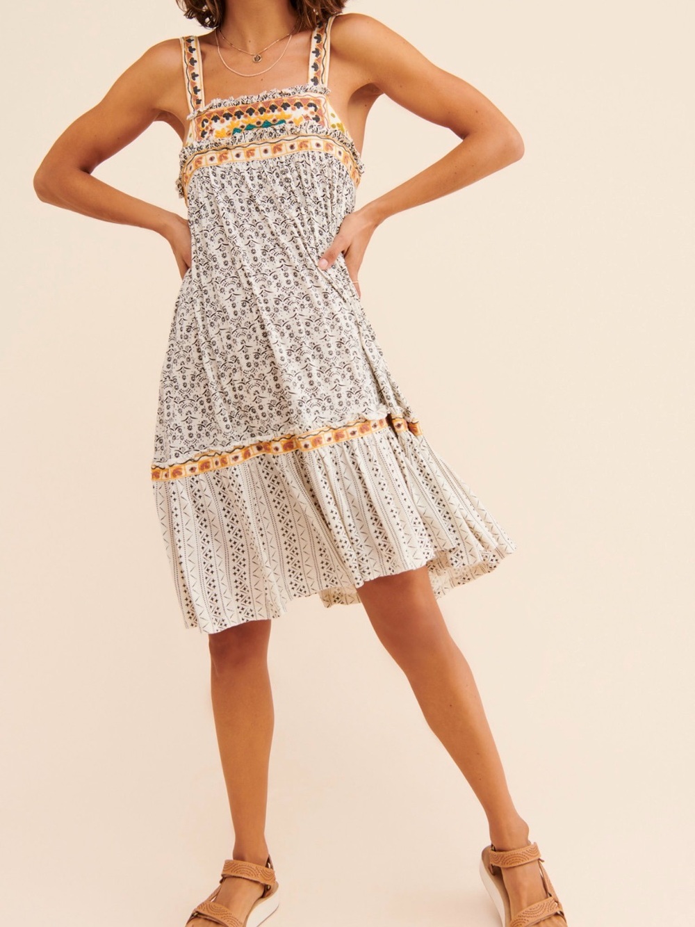 Free People Borderline Tunic Floral Square-Neck Sundress with Yellow Trim